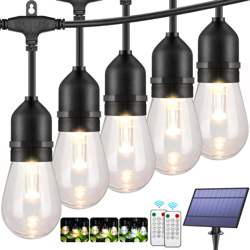 Mlambert 3-Color in 1 Solar String Lights Outdoor Waterproof Dimmable, 48ft Remote LED Patio Lights,15 Hanging Sockets Shatterproof Light for Backyard - Image 1